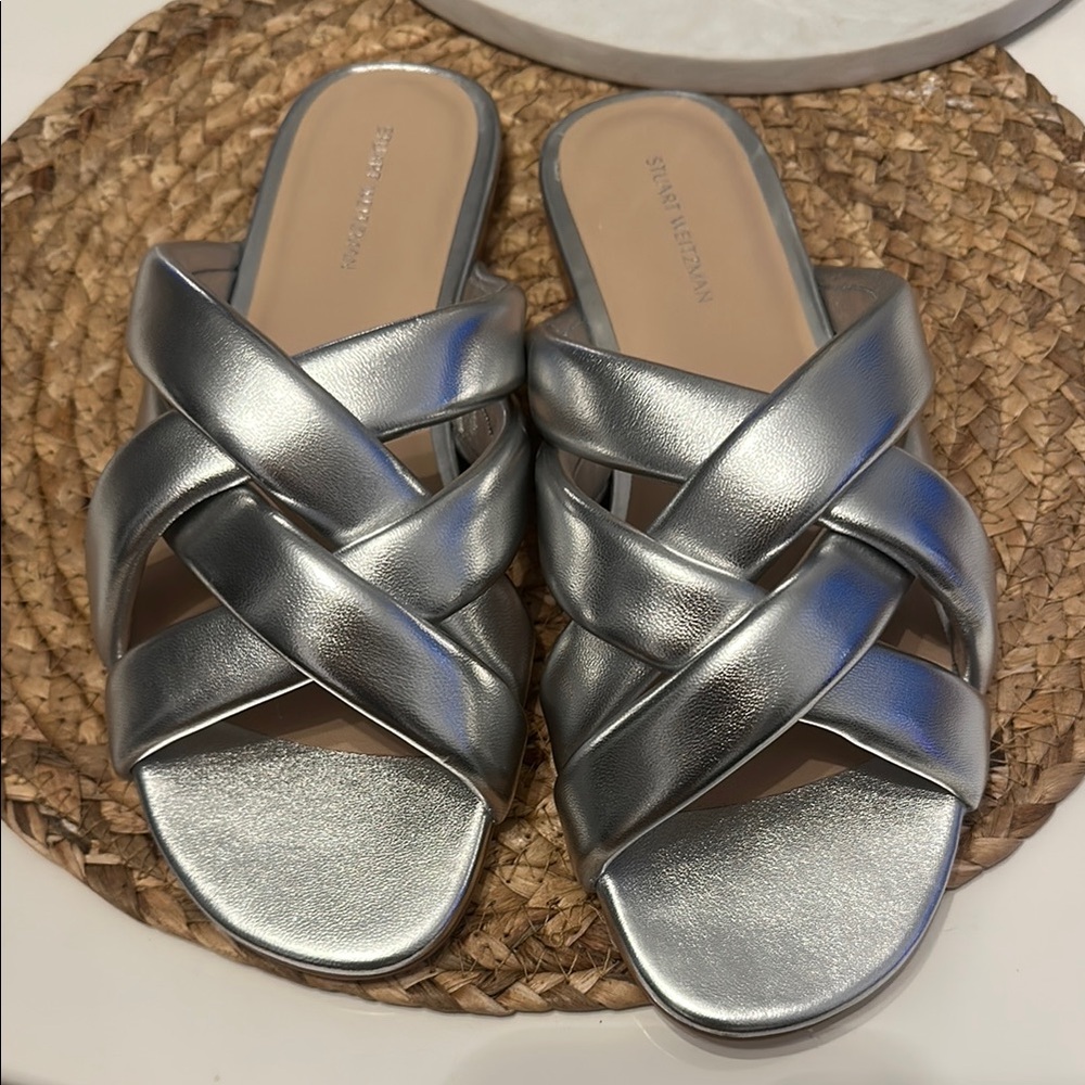 Stuart Weitzman Silver Sandals with Modern Crossover Straps